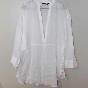Zara Woman White Half Button Tunic Top Size Small